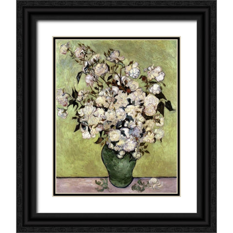 Vase of Roses Black Ornate Wood Framed Art Print with Double Matting by Van Gogh, Vincent