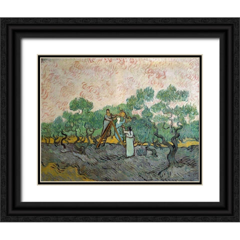 Women Picking Olives Black Ornate Wood Framed Art Print with Double Matting by Van Gogh, Vincent