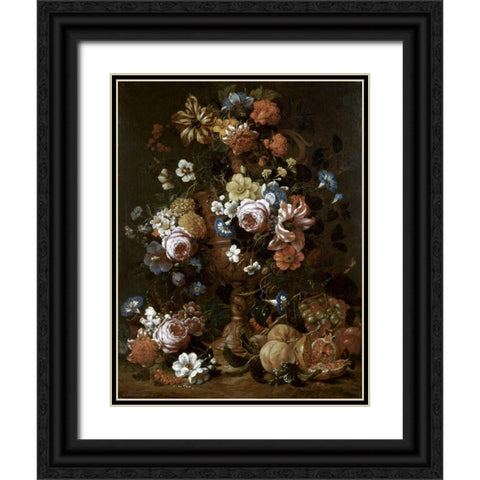 Roses, Carnations and Other Flower In An Urn Black Ornate Wood Framed Art Print with Double Matting by Van Veerendael, Nicolas