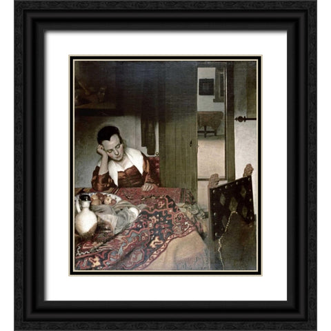 Girl Asleep at a Table Black Ornate Wood Framed Art Print with Double Matting by Vermeer, Johannes