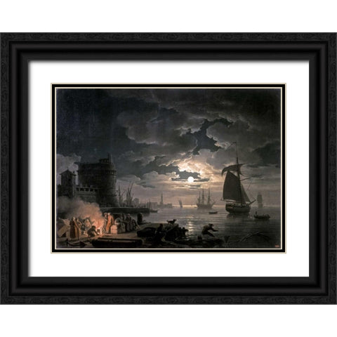 Harbor of Palermo Black Ornate Wood Framed Art Print with Double Matting by Vernet, Claude-Joseph