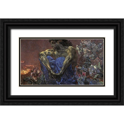 Demon Seated Black Ornate Wood Framed Art Print with Double Matting by Vrubel, Mihail Aleksandrovic