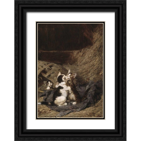 Kittens in the Hay Black Ornate Wood Framed Art Print with Double Matting by Adam, Julius