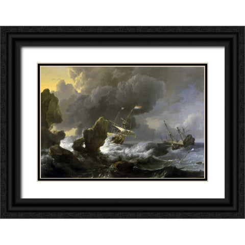 Dutch Merchantmen Driven onto a Rocky Coast in a Storm Black Ornate Wood Framed Art Print with Double Matting by Backhuysen, Ludolf