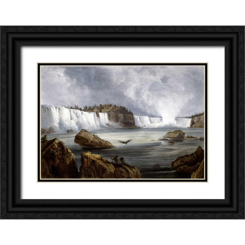 Niagara Falls Illustration in Wied-Neuwied Black Ornate Wood Framed Art Print with Double Matting by Bodmer, Karl