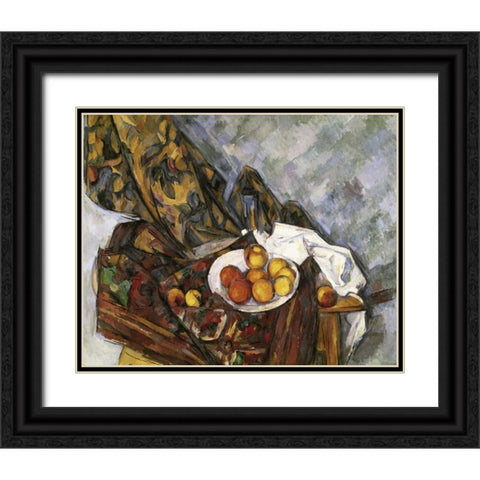 Still Life with Floral Curtain Black Ornate Wood Framed Art Print with Double Matting by Cezanne, Paul
