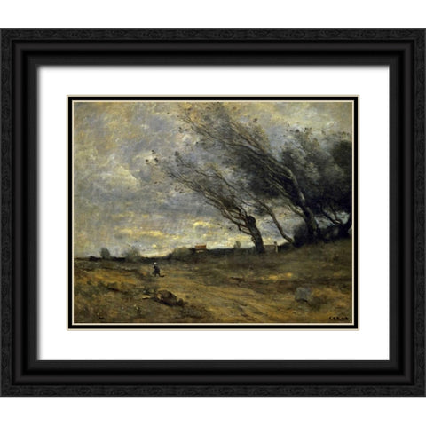 A Gust of Wind Black Ornate Wood Framed Art Print with Double Matting by Corot, Jean-Baptiste-Camille