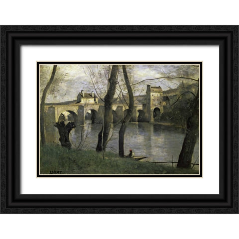 The Bridge of Nantes Black Ornate Wood Framed Art Print with Double Matting by Corot, Jean-Baptiste-Camille