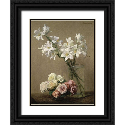 Lilies in a Vase Black Ornate Wood Framed Art Print with Double Matting by Fantin-Latour, Henri