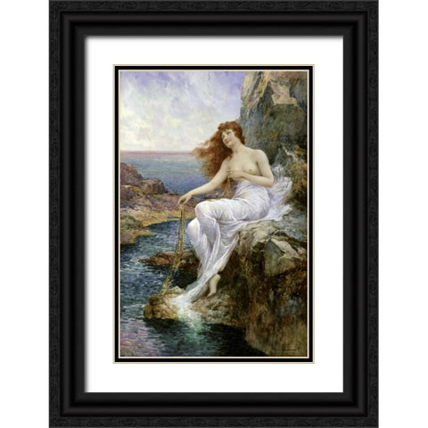Sea Nymph Seated on a Rock with a Ribbon Seaweed Black Ornate Wood Framed Art Print with Double Matting by Glendening, Alfred Augustus