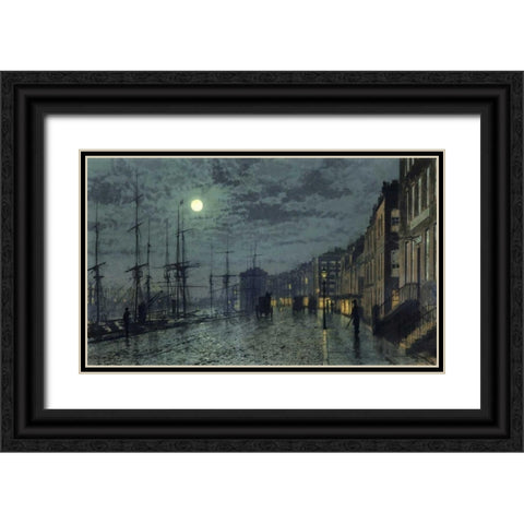 City Docks by Moonlight Black Ornate Wood Framed Art Print with Double Matting by Grimshaw, John Atkinson
