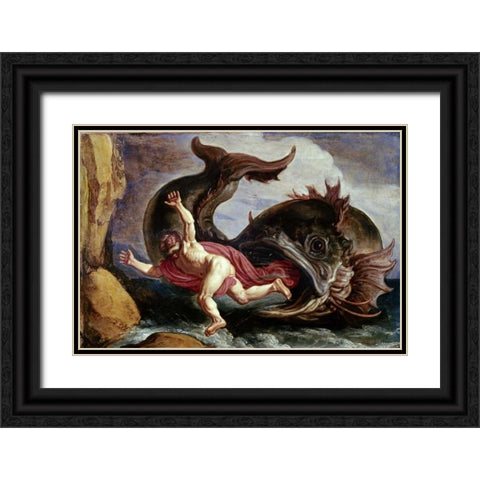 Jonah and the Whale Black Ornate Wood Framed Art Print with Double Matting by Lastman, Pieter