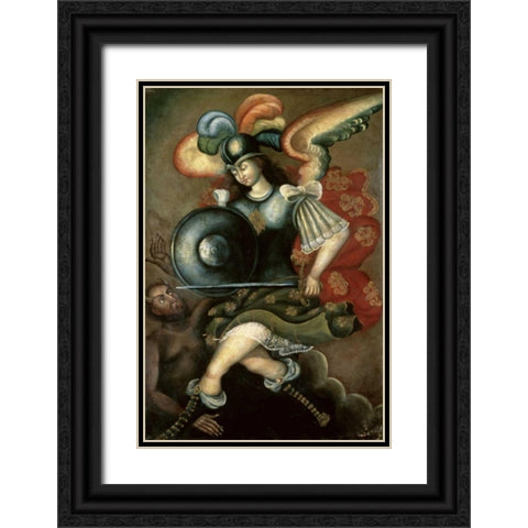 The Archangel Saint Michael Black Ornate Wood Framed Art Print with Double Matting by Peruvian School