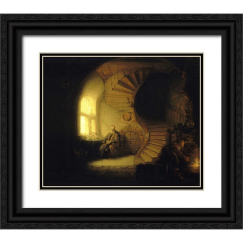 Philosopher in Meditation Black Ornate Wood Framed Art Print with Double Matting by Van Rijn, Rembrandt