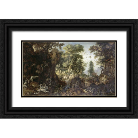 The Garden of Eden with Eve Tempting Adam Black Ornate Wood Framed Art Print with Double Matting by Savery, Roelandt