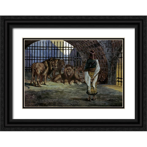 Daniel in the Lions Den Black Ornate Wood Framed Art Print with Double Matting by Tissot, James Jacques