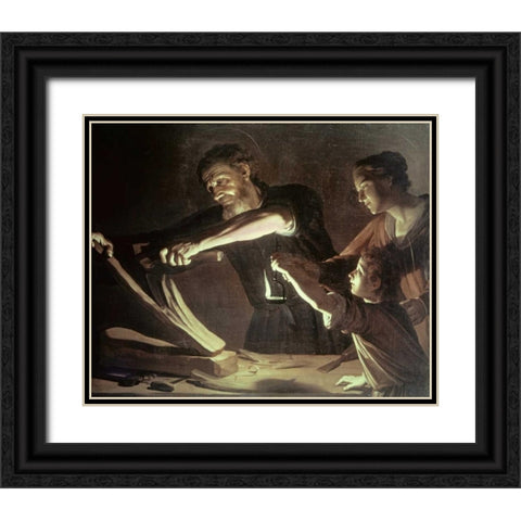 Holy Family in the Carpentry Shop Black Ornate Wood Framed Art Print with Double Matting by Van Honthorst, Gerrit