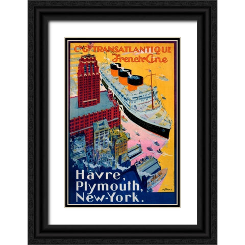 Transatlantique-French Line / Paris-Havre-New York Black Ornate Wood Framed Art Print with Double Matting by Sebille, Albert