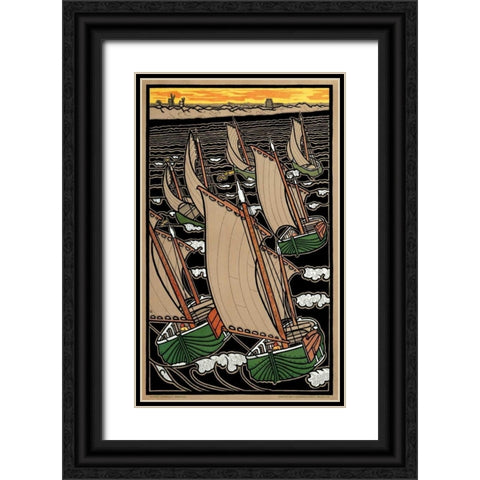 Fleet of Fishing Boats Black Ornate Wood Framed Art Print with Double Matting by Combaz, Gisbert