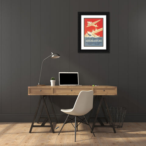 City of New York Municipal Airports (WPA) Black Ornate Wood Framed Art Print with Double Matting by Herzog, Harry