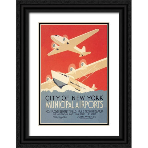 City of New York Municipal Airports (WPA) Black Ornate Wood Framed Art Print with Double Matting by Herzog, Harry
