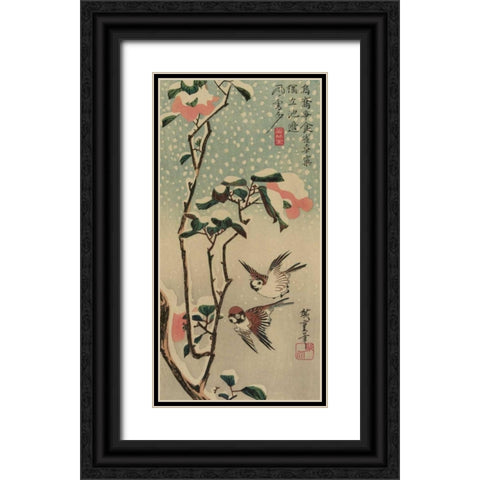 Sparrows and camellias in snow., 1840 Black Ornate Wood Framed Art Print with Double Matting by Hiroshige, Ando