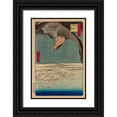 Hawk flying above a snowy landscape along the coastline., 1857 Black Ornate Wood Framed Art Print with Double Matting by Hiroshige, Ando