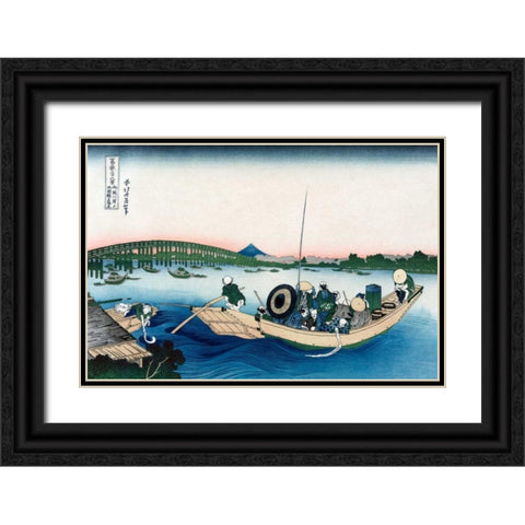 Sunset across Ryogoku Bridge from the Bank of the Sumida River at Onmayyagashi, 1830 Black Ornate Wood Framed Art Print with Double Matting by Hokusai