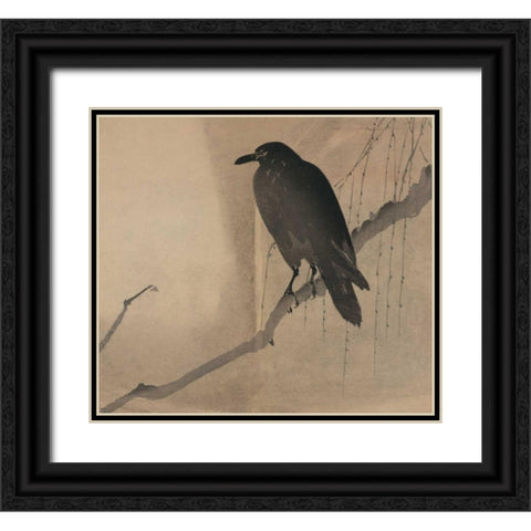 Crow on a willow branch, 1875 Black Ornate Wood Framed Art Print with Double Matting by Unknown