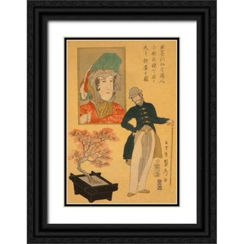American merchant delighted with miniature cherry tree (Amerika no shonin shoju no sakura o motomete Black Ornate Wood Framed Art Print with Double Matting by Utagawa, Sadahide