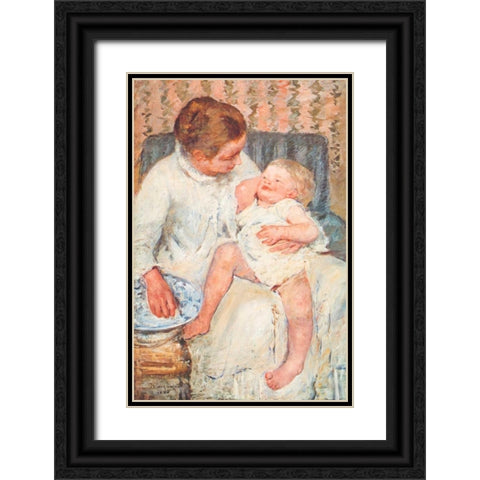 Mother About To Wash Her Sleepy Child Black Ornate Wood Framed Art Print with Double Matting by Cassatt, Mary