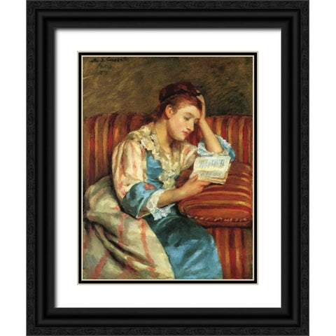 Mrs Duffee Seated On A Striped Sofa 1876 Black Ornate Wood Framed Art Print with Double Matting by Cassatt, Mary