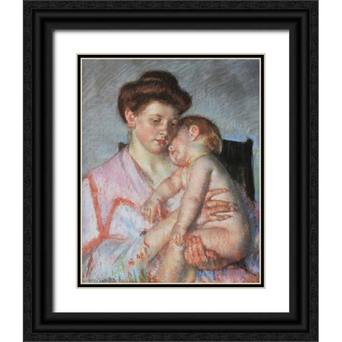 Sleepy Baby 1910 Black Ornate Wood Framed Art Print with Double Matting by Cassatt, Mary