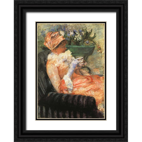 The Cup Of Tea 1879 Black Ornate Wood Framed Art Print with Double Matting by Cassatt, Mary