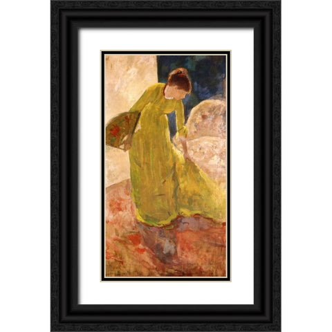 Woman Standing Holding A Fan 1879 Black Ornate Wood Framed Art Print with Double Matting by Cassatt, Mary