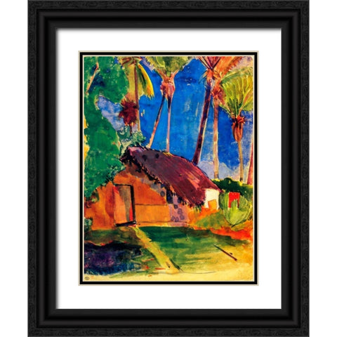 Thatched Hut Under Palm Trees Black Ornate Wood Framed Art Print with Double Matting by Gauguin, Paul