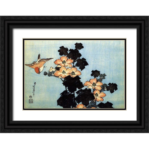 Hibiscus And Sparrow Black Ornate Wood Framed Art Print with Double Matting by Hokusai