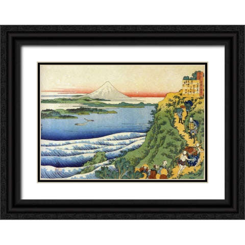 Travelers Climbing A Mountain Path Black Ornate Wood Framed Art Print with Double Matting by Hokusai