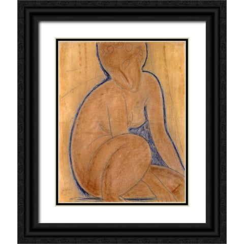 Crouched Nude Black Ornate Wood Framed Art Print with Double Matting by Modigliani, Amedeo