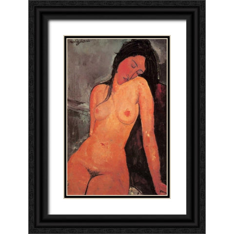 The Seated Nude Black Ornate Wood Framed Art Print with Double Matting by Modigliani, Amedeo