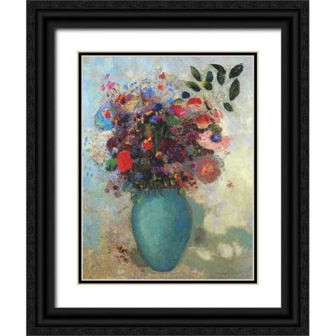 Flowers In A Turquoise Vase Black Ornate Wood Framed Art Print with Double Matting by Redon, Odilion