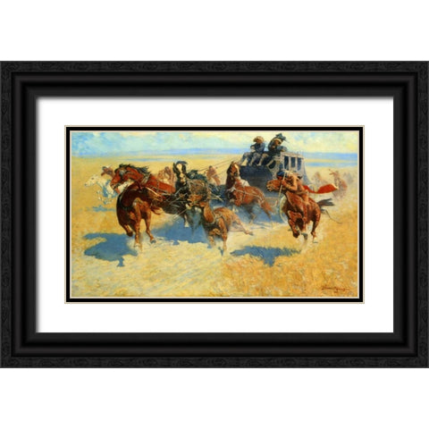 Downing The Nigh Leader Black Ornate Wood Framed Art Print with Double Matting by Remington, Frederic