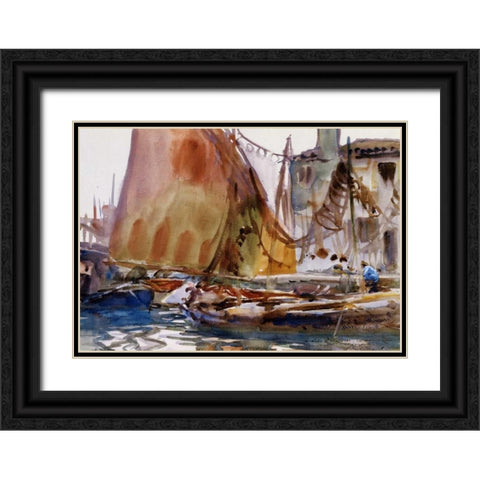 Drying Sails, 1902-04 Black Ornate Wood Framed Art Print with Double Matting by Sargent, John Singer