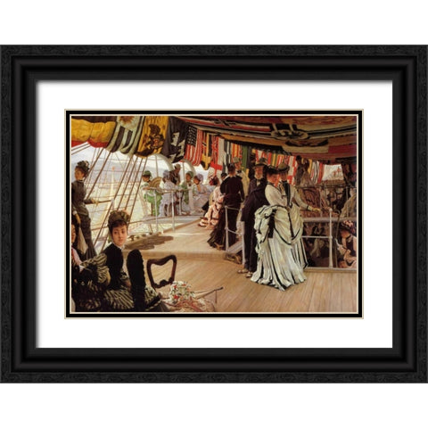 The Ball On Shipboard Black Ornate Wood Framed Art Print with Double Matting by Tissot, James Jacques
