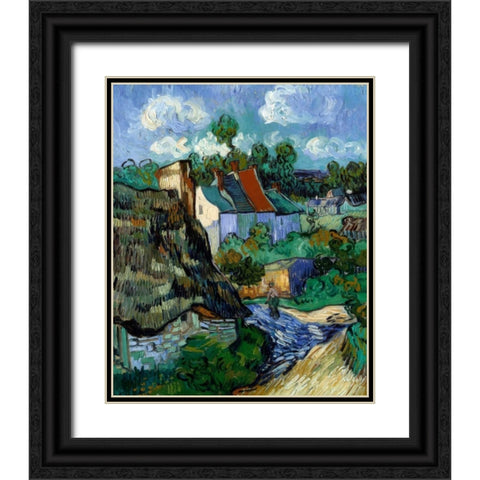 Houses At Auvers Black Ornate Wood Framed Art Print with Double Matting by Van Gogh, Vincent