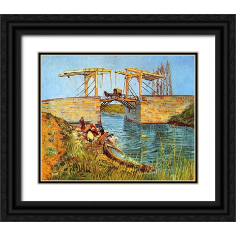 Langlois Bridge Women Washing Black Ornate Wood Framed Art Print with Double Matting by Van Gogh, Vincent