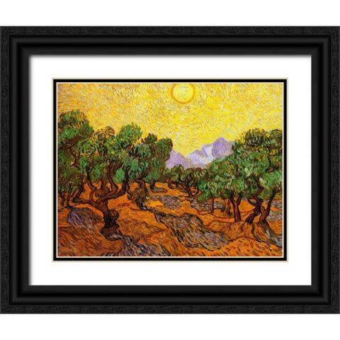 Olive Trees With Yellow Sky And Sun Black Ornate Wood Framed Art Print with Double Matting by Van Gogh, Vincent