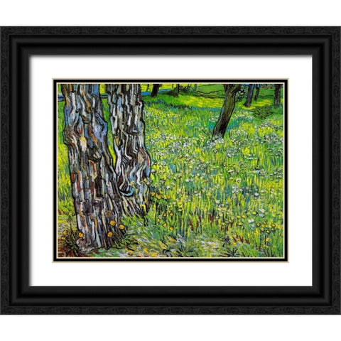 Pine Trees And Dandelions In The Garden Of Saint Paul Hospital 1890 Black Ornate Wood Framed Art Print with Double Matting by Van Gogh, Vincent