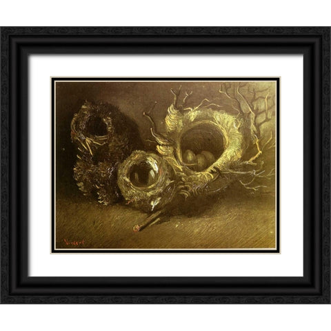 Still Life With Three Birds Nests Black Ornate Wood Framed Art Print with Double Matting by Van Gogh, Vincent