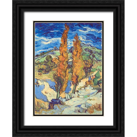 Two Poplars On Road Black Ornate Wood Framed Art Print with Double Matting by Van Gogh, Vincent